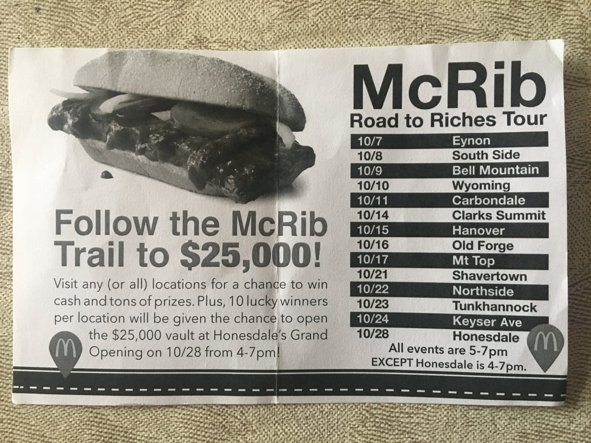 McRib Road to Riches. Lists the McDonalds Locations in PA that will have the promotion.