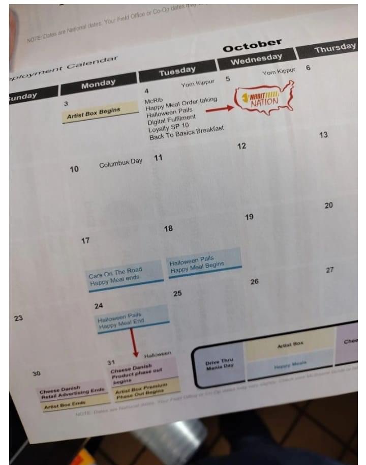 McDonalds Employment Calendar showing the McRib returning October 4th, 2022 (photo from "Forever Fall and Halloween" Facebook group)