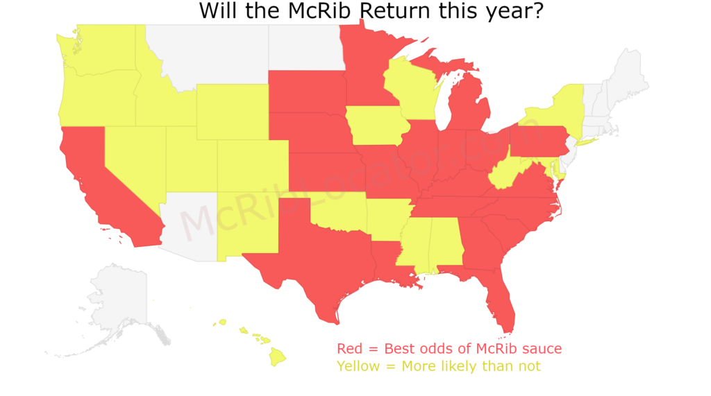Map of states more likely than not to have the McRib this year