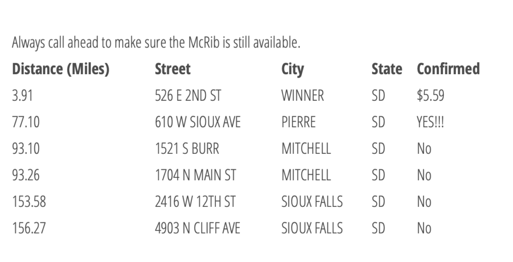 Sample of Finding a McRib with price details