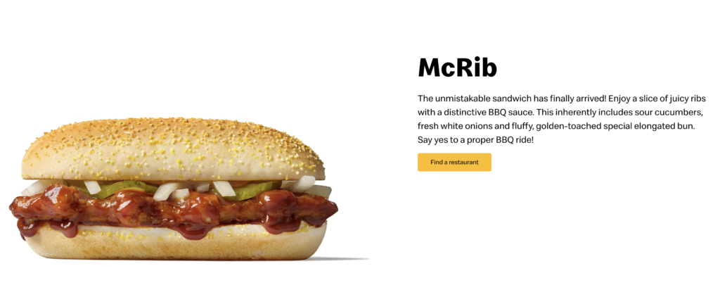 Czech Republic and Slovakia McRib listing